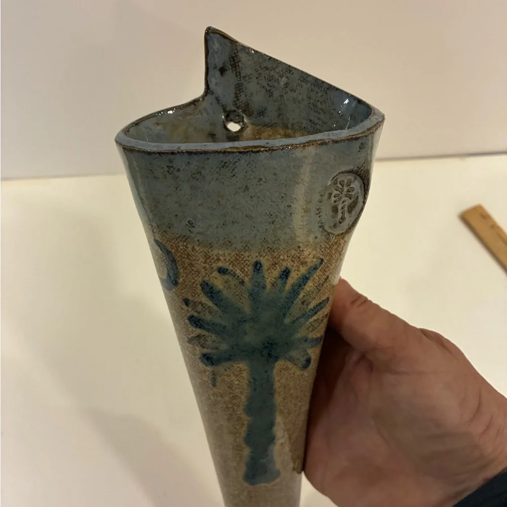 Pottery Wall Pocket Vase Blue Palm Tree with Brown Blue Backdrop S.C. Tree/Moon